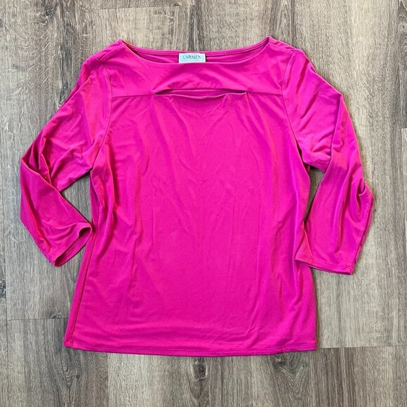 Carmen Marc Valvo Pink Peekaboo Stretch Knit Top Sz L - Picture 4 of 7